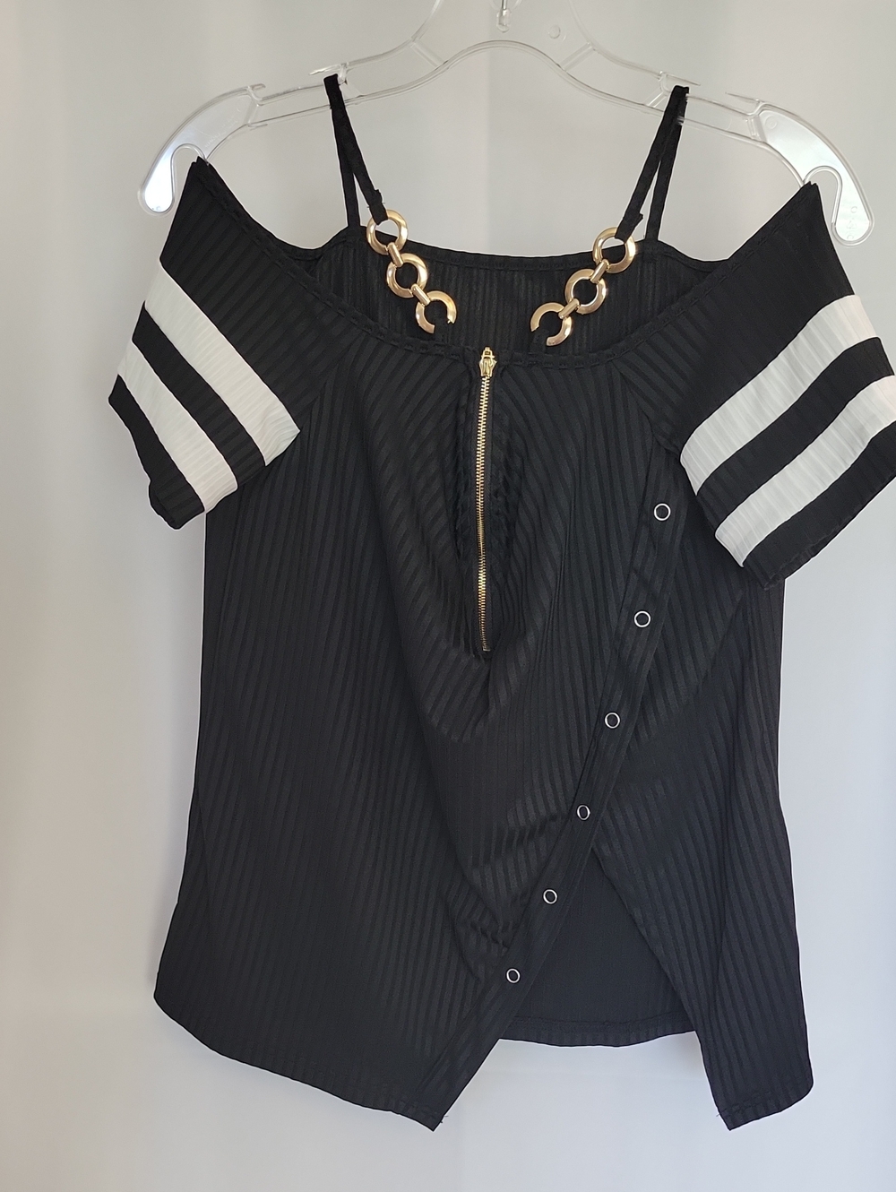 SHEIN Black Cold-Shoulder Camisole with White Sleeve Stripes & Gold Chain